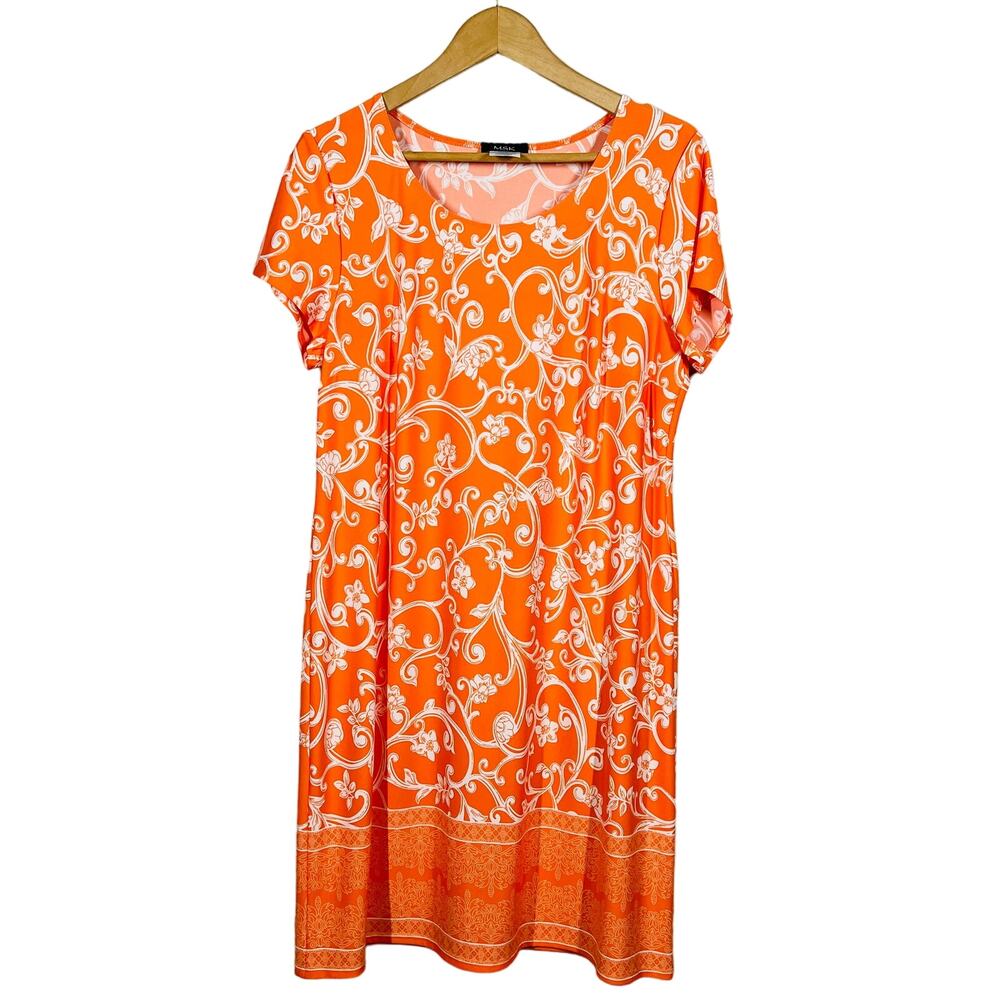 MSK Cap Sleeve Sheath Dress Loose Fit Casual Scoop Neck Orange White - L
